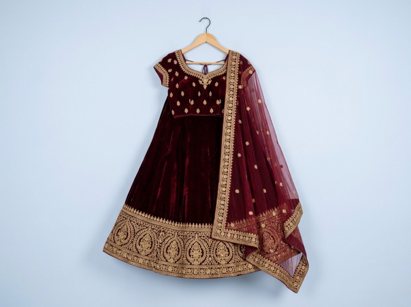 Wine velvet lehenga