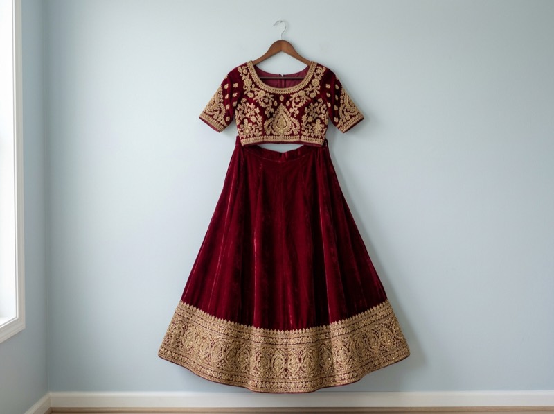 Wine velvet lehenga